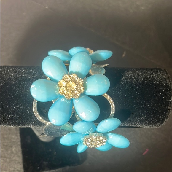 Blue Floral Earrings with Silver Accents and Rhinestones - Picture 3 of 5